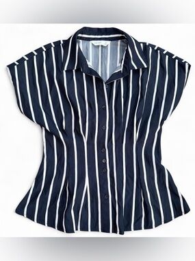 Nine West Navy and White Vertical Stripe Cinched Waist Button-Down Shirt XS